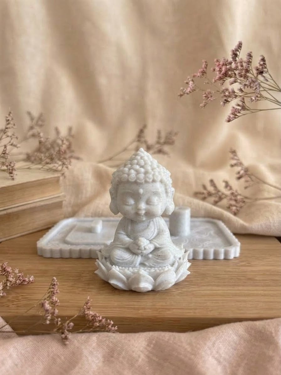 Modular Marble Baby Buddha & Baby Lord Ganesha Incense Burner Set (3D Printed) – 100% Solid Core Figurines & Energetically Charged