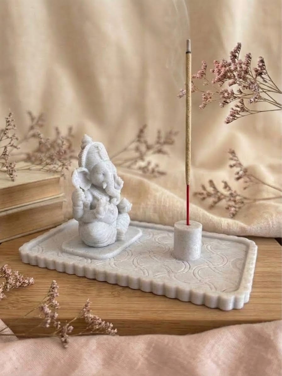 Modular Marble Baby Buddha & Baby Lord Ganesha Incense Burner Set (3D Printed) – 100% Solid Core Figurines & Energetically Charged