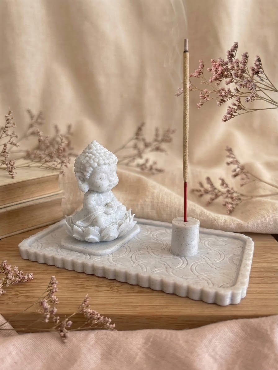 Modular Marble Baby Buddha & Baby Lord Ganesha Incense Burner Set (3D Printed) – 100% Solid Core Figurines & Energetically Charged